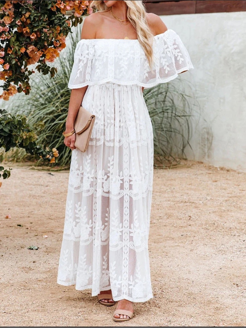 White Off-Shoulder Lace Maxi long gown bridesmaid wedding lace boho Dress - Picture 2 of 6